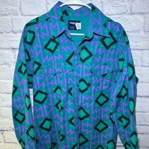 VTG Wrangler Aztec Brushpopper Shirt Sz 17.5 - 35 Rodeo Cowboy 90s Western Teal